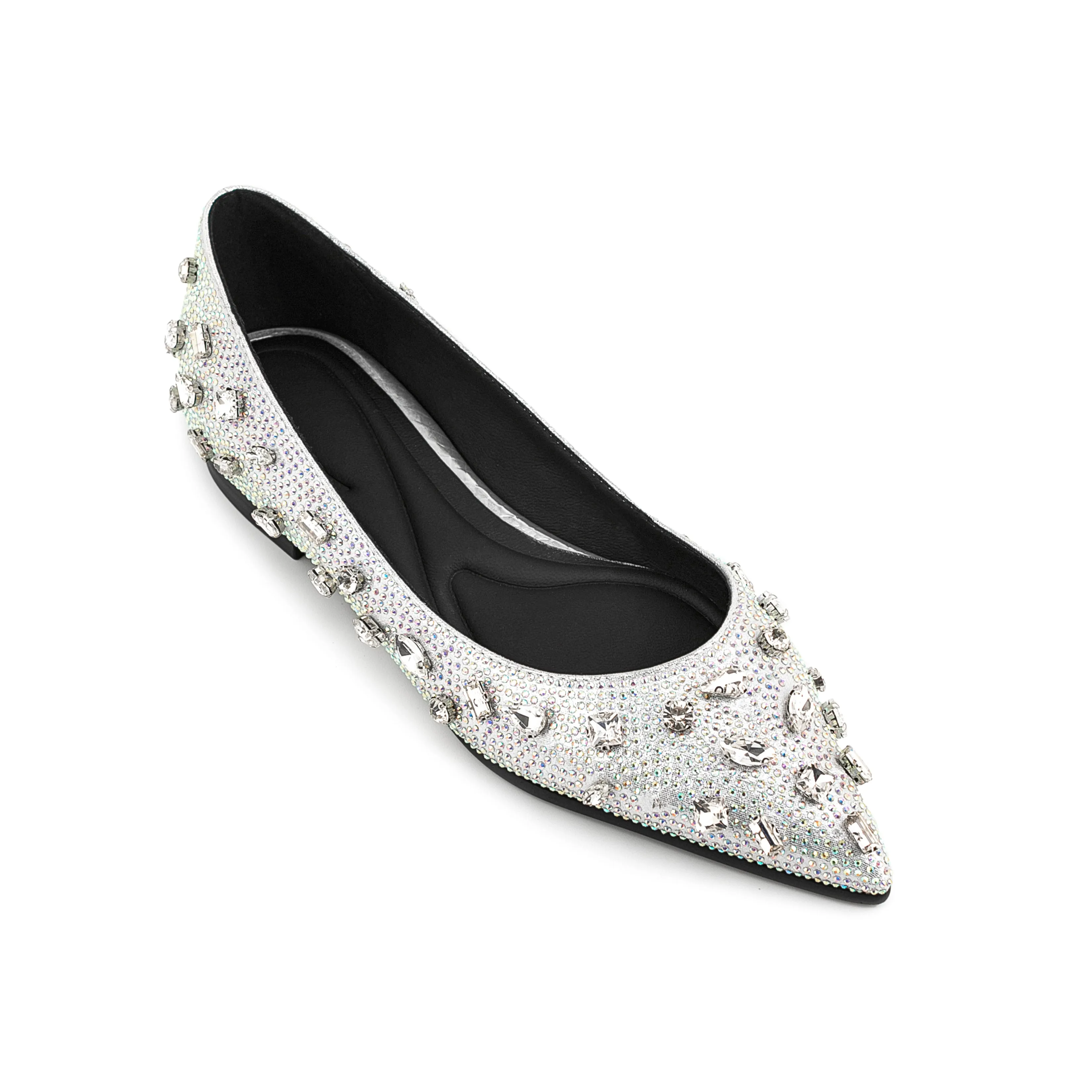 Silver Pointed Toe Comfortable Flats with Rhinestone