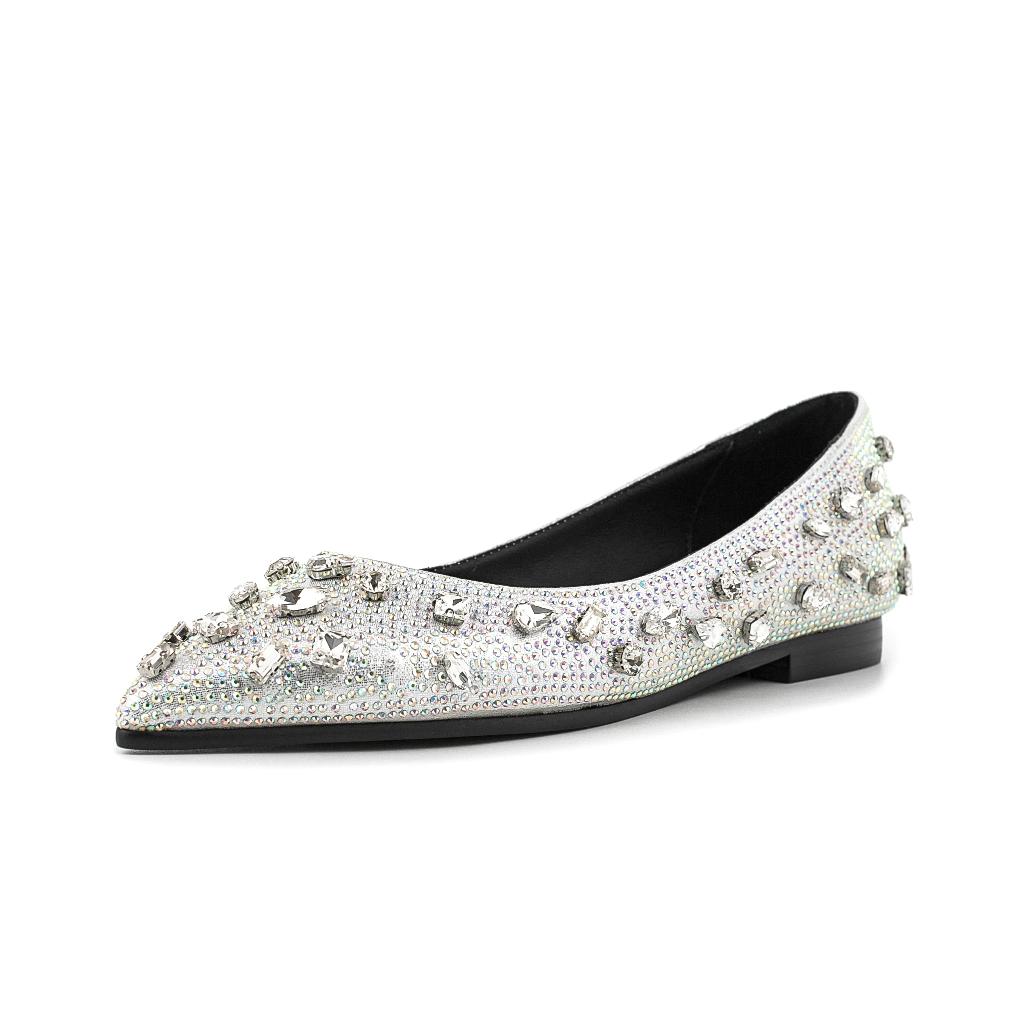 Silver Pointed Toe Comfortable Flats with Rhinestone