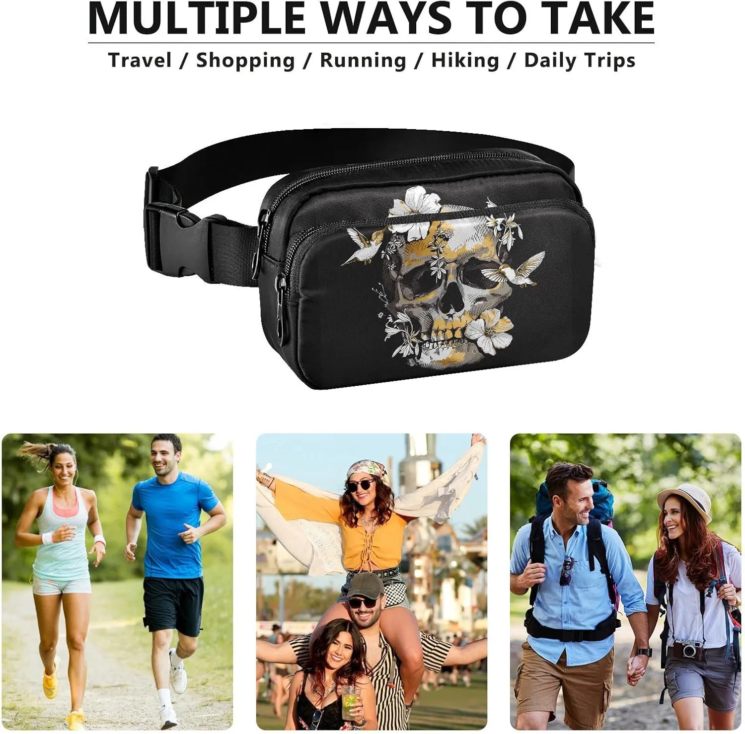 Skull Belt Bag for Women Fanny Pack Lightweight Waist Bags Waterproof for Travel Walking Running Hiking Cycling