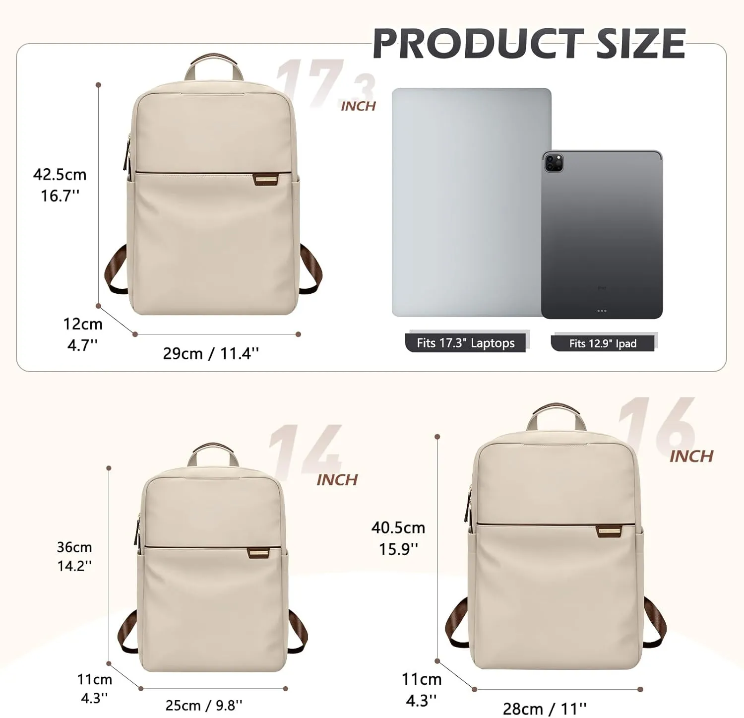Slim Laptop Backpack for Women, Lightweight Business Backpack for Women Computer Bag Purse for Commuting, Fit 17.3 Inch, Apricot
