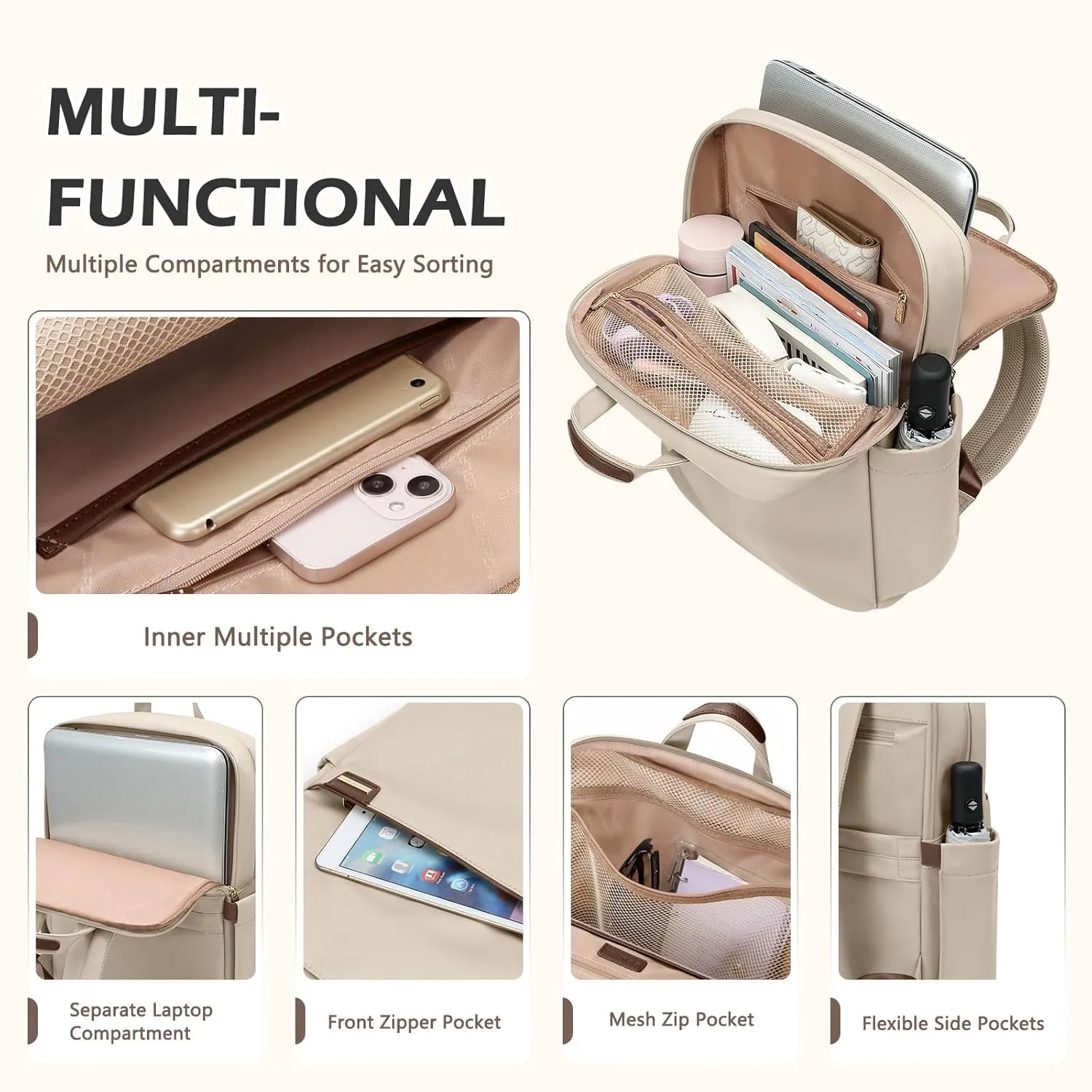 Slim Laptop Backpack for Women, Lightweight Business Backpack for Women Computer Bag Purse for Commuting, Fit 17.3 Inch, Apricot