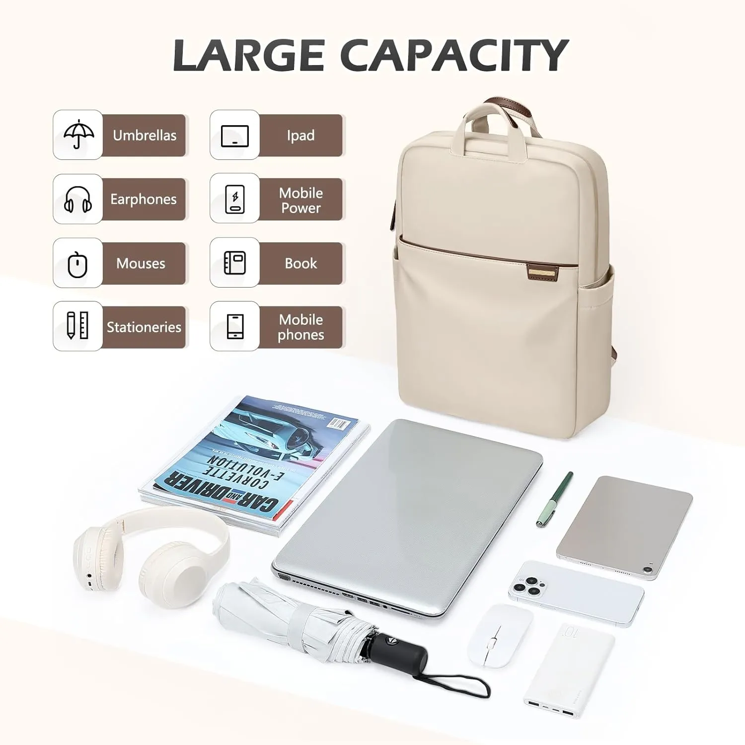 Slim Laptop Backpack for Women, Lightweight Business Backpack for Women Computer Bag Purse for Commuting, Fit 17.3 Inch, Apricot
