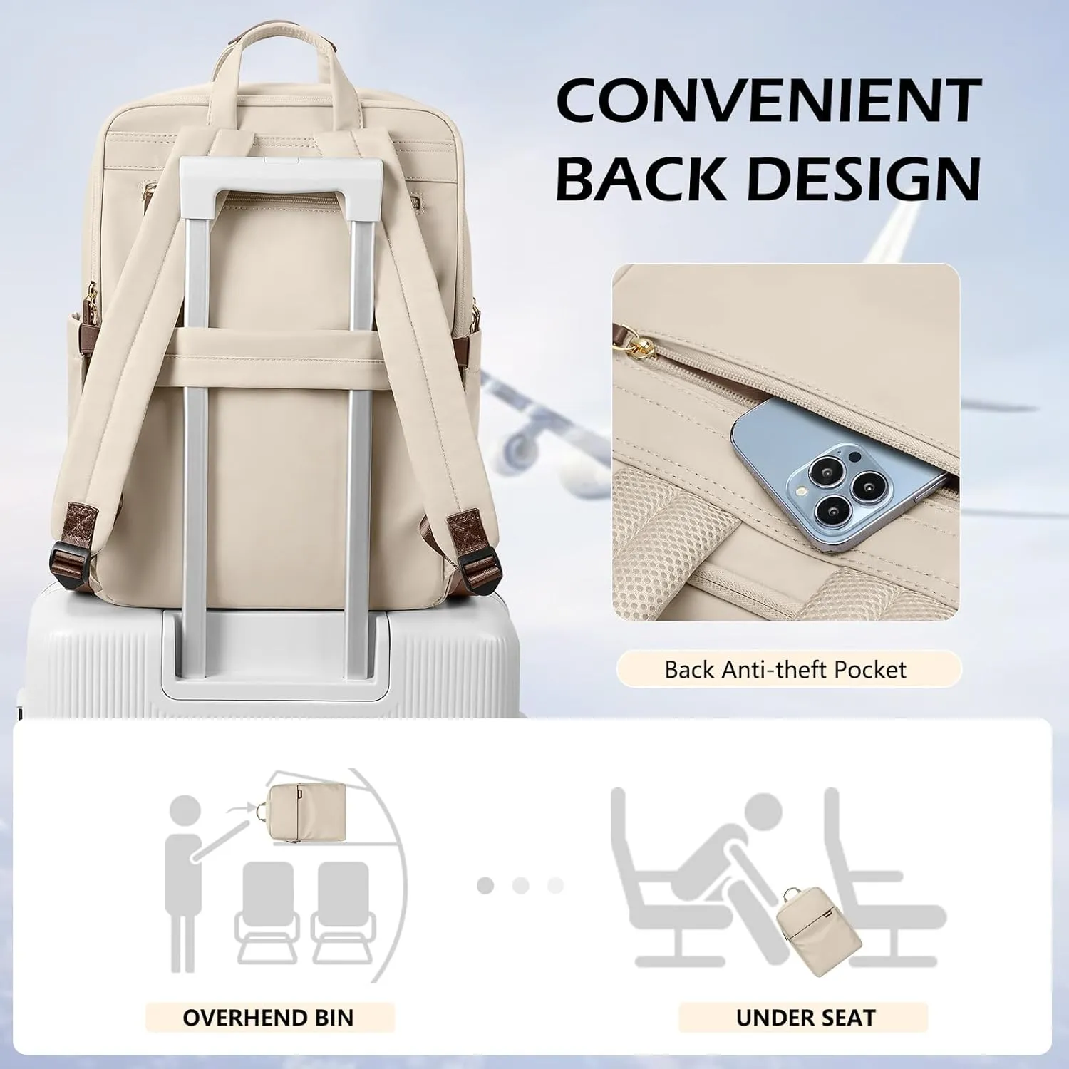 Slim Laptop Backpack for Women, Lightweight Business Backpack for Women Computer Bag Purse for Commuting, Fit 17.3 Inch, Apricot