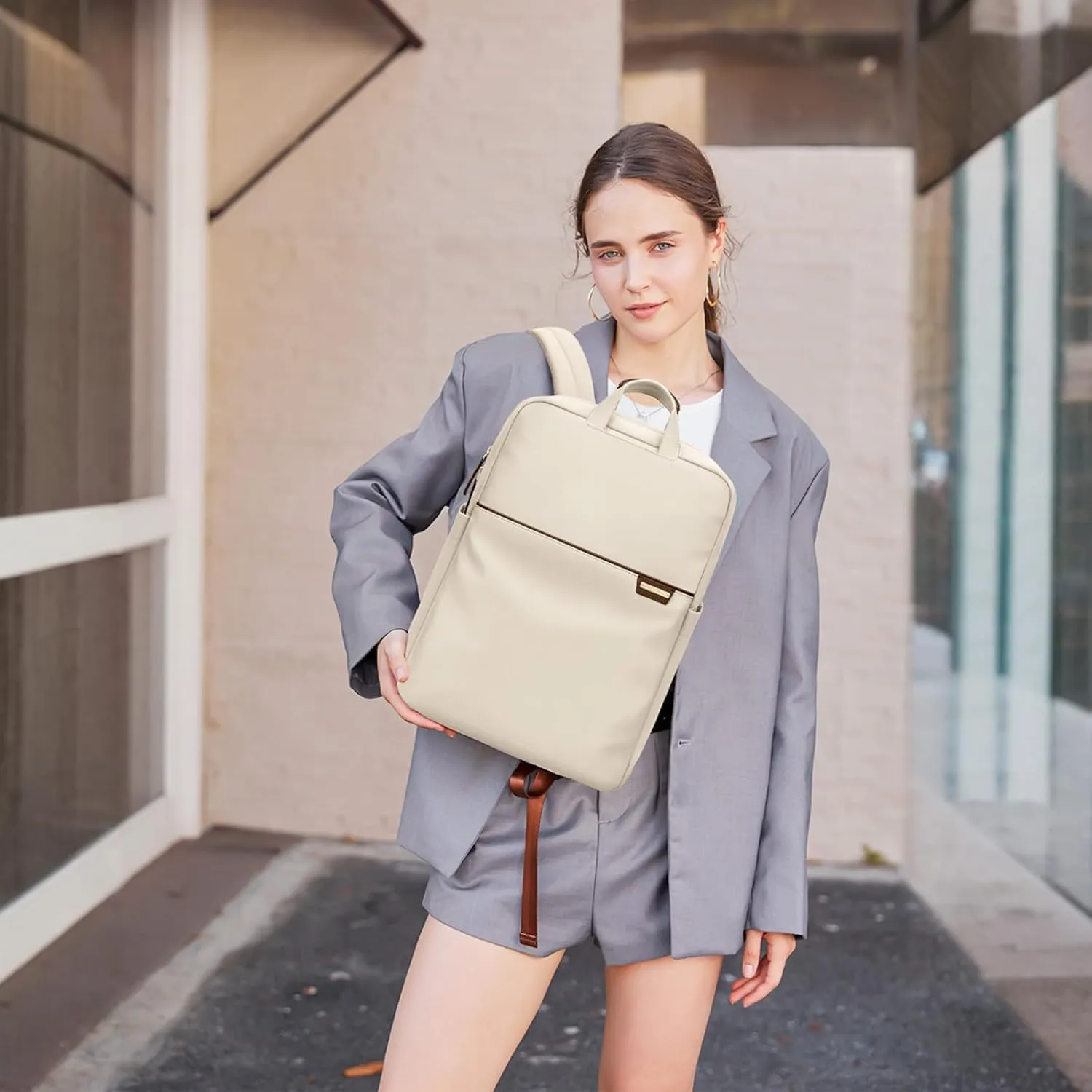 Slim Laptop Backpack for Women, Lightweight Business Backpack for Women Computer Bag Purse for Commuting, Fit 17.3 Inch, Apricot