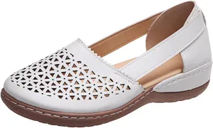 Slip On Loafers for Women Comfortable Leather Hollow Out Ballet Flats Vintage Round Toe Low Heels Orthopedic Sandals