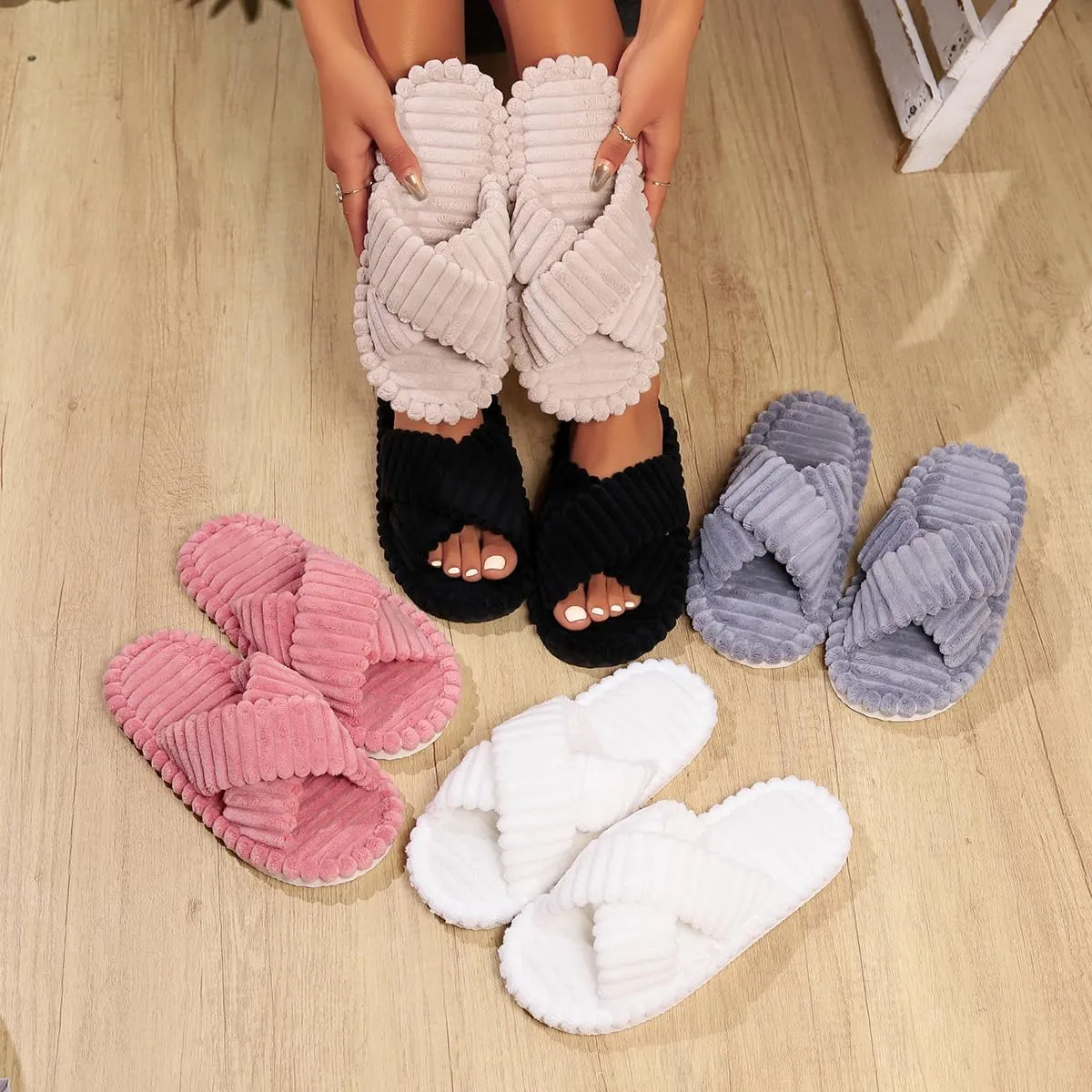 Slippers For Women Crossbands House Slippers Memory Fuzzy Foam Slide Slide Sandals Indoor Outdoor Four Seasons