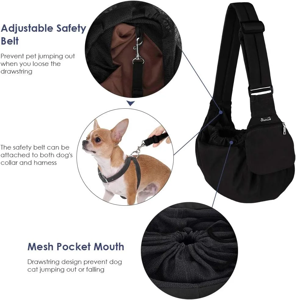 SlowTon Dog Carrier Sling - Hard Bottom Support Dog Carriers for Small Dogs with Adjustable Padded Shoudler Strap, Dog Purse for Puppy Cat Pet with Drawstring Opening Storage Zipper Pockets (Black)