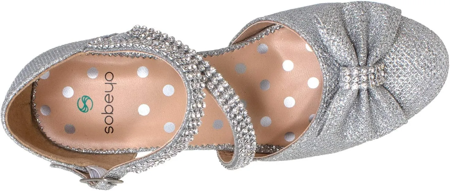 SOBEYO Girls Dress Shoes Rhinestone Bow Accent Kitten Low Heel Sandals