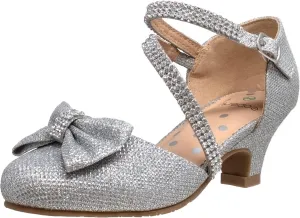 SOBEYO Girls Dress Shoes Rhinestone Bow Accent Kitten Low Heel Sandals