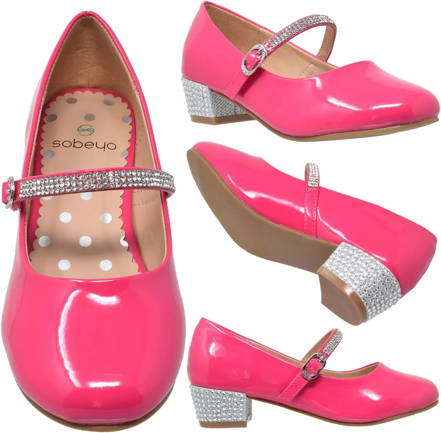 SOBEYO Kids Dress Shoes Low Chunky Heel Mary Jane Girls Pumps Rhinestone Strap