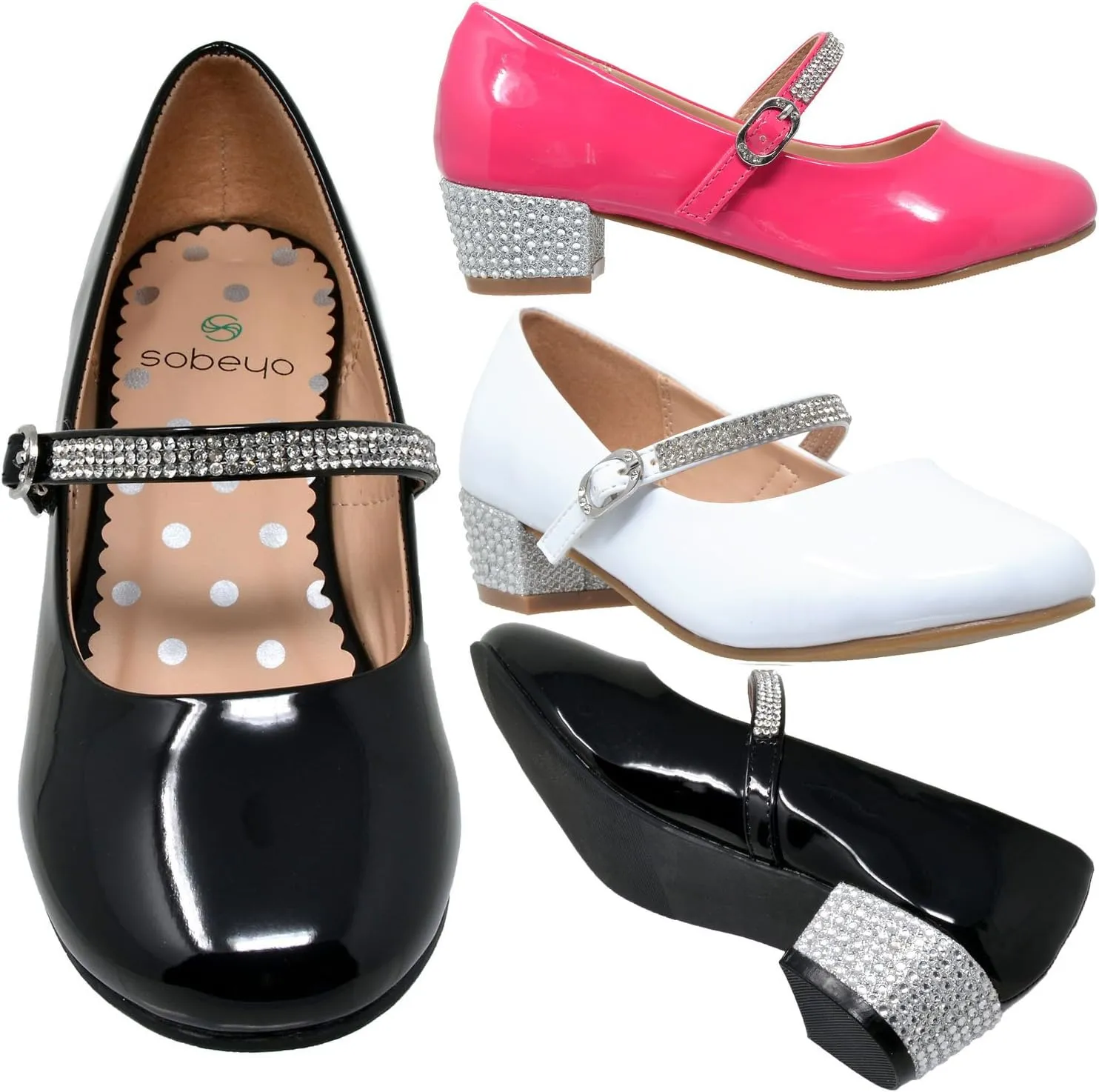 SOBEYO Kids Dress Shoes Low Chunky Heel Mary Jane Girls Pumps Rhinestone Strap