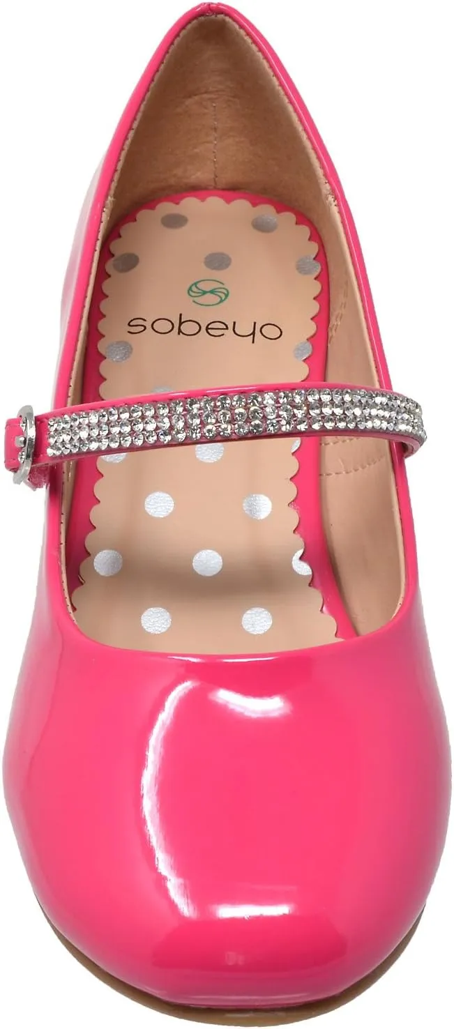 SOBEYO Kids Dress Shoes Low Chunky Heel Mary Jane Girls Pumps Rhinestone Strap
