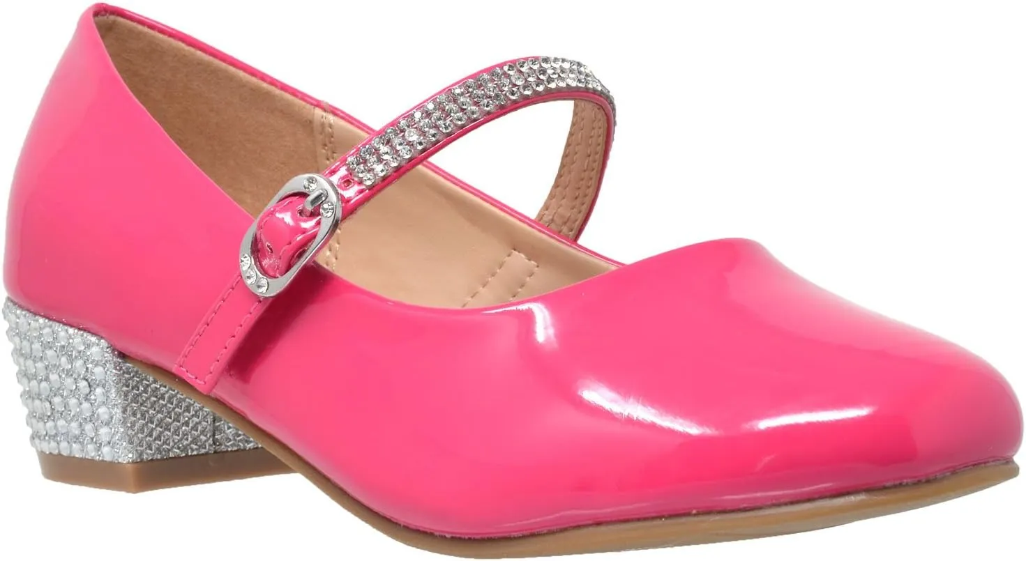 SOBEYO Kids Dress Shoes Low Chunky Heel Mary Jane Girls Pumps Rhinestone Strap