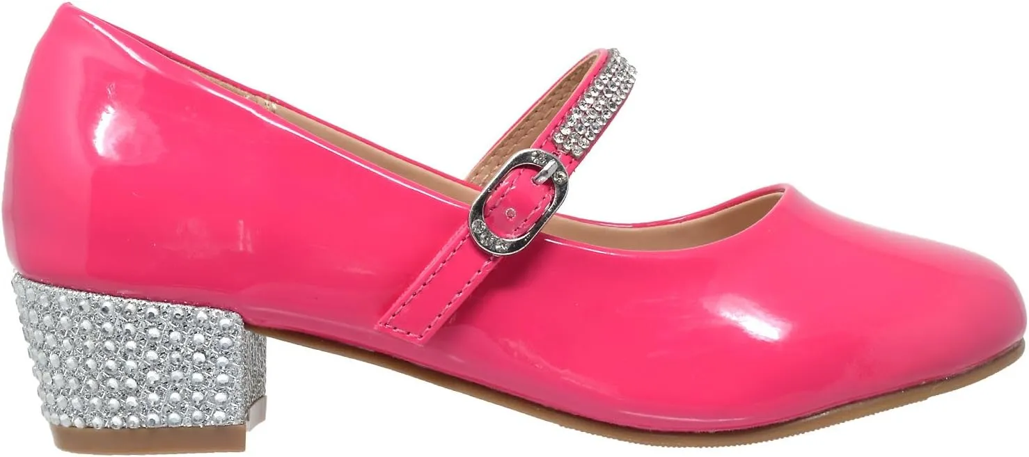 SOBEYO Kids Dress Shoes Low Chunky Heel Mary Jane Girls Pumps Rhinestone Strap