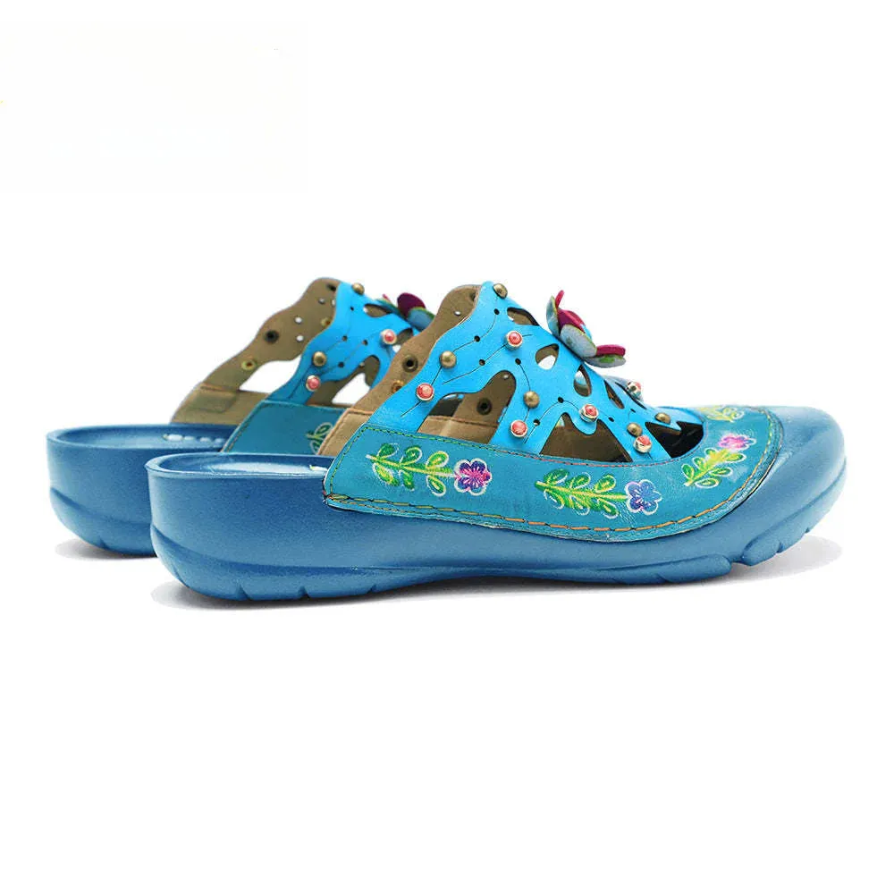 Socofy Genuine leather hand-rubbed vintage casual three-dimensional flower hollow comfortable shoes