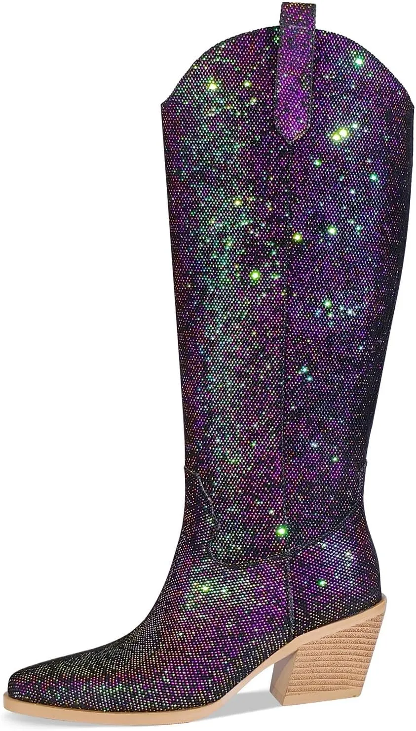 Sparkly Cowboy Boots for Women Pointed Toe Knee High Chunky Heel Western Cowgirl Dress Boots for Wedding Party Side Zipper Pull Tab