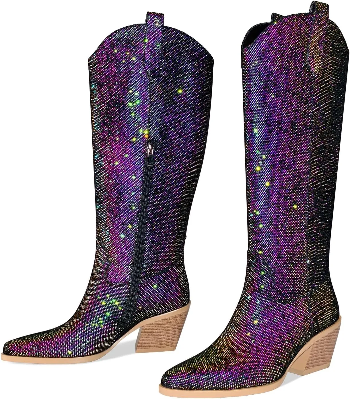 Sparkly Cowboy Boots for Women Pointed Toe Knee High Chunky Heel Western Cowgirl Dress Boots for Wedding Party Side Zipper Pull Tab