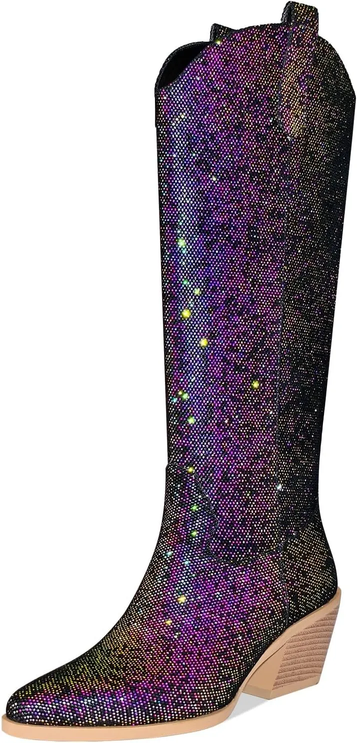 Sparkly Cowboy Boots for Women Pointed Toe Knee High Chunky Heel Western Cowgirl Dress Boots for Wedding Party Side Zipper Pull Tab