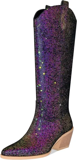 Sparkly Cowboy Boots for Women Pointed Toe Knee High Chunky Heel Western Cowgirl Dress Boots for Wedding Party Side Zipper Pull Tab
