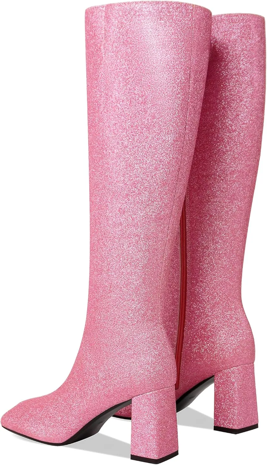 Sparkly Knee High Boots for Women with Chunky Block High Heel 3.3In, Sequin Glitter Gogo Boots Tall Boots Side Zipper Square Toe, Bling Faux Leather Below the Knee Long Boots