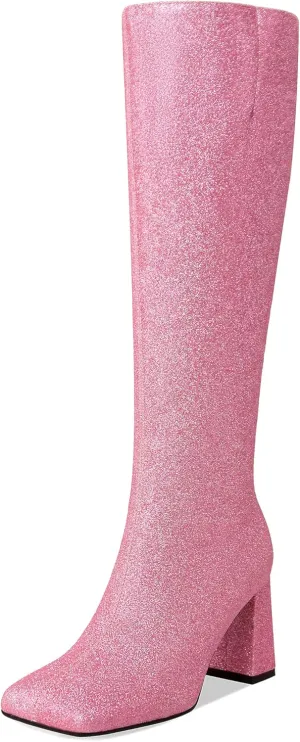 Sparkly Knee High Boots for Women with Chunky Block High Heel 3.3In, Sequin Glitter Gogo Boots Tall Boots Side Zipper Square Toe, Bling Faux Leather Below the Knee Long Boots
