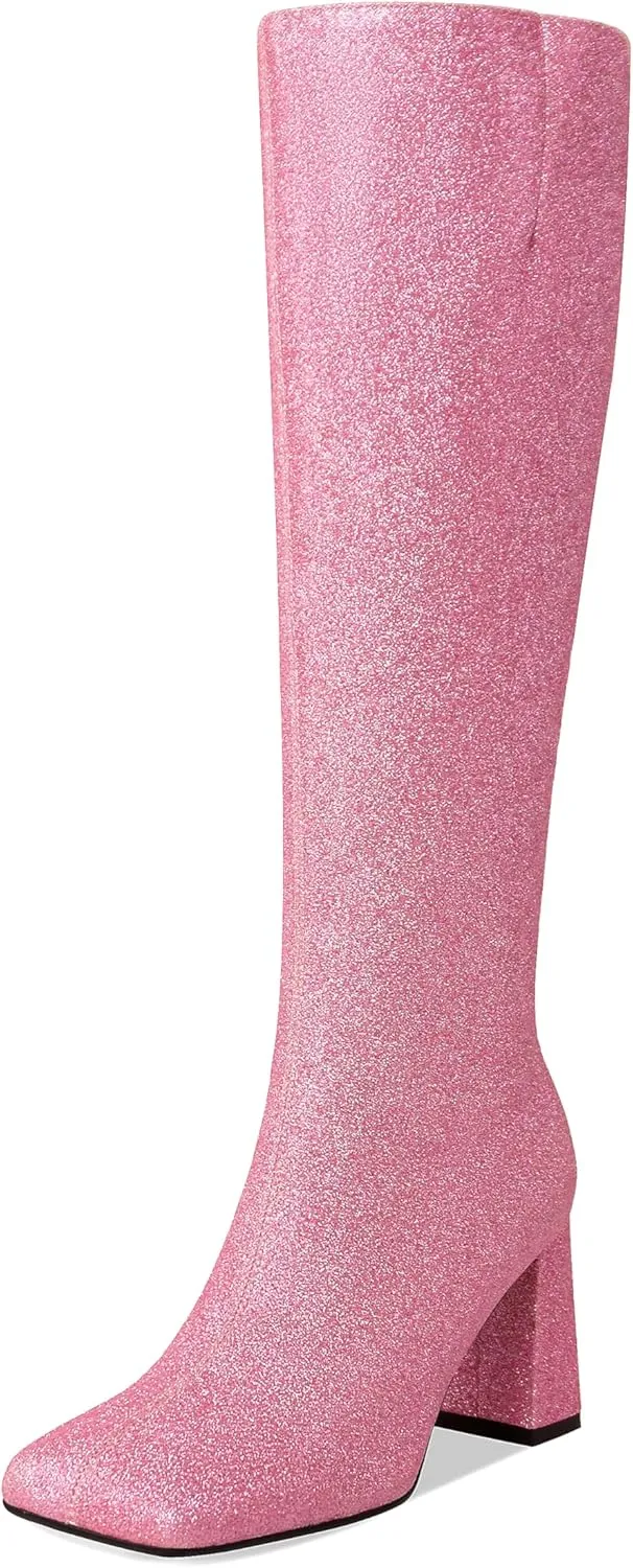 Sparkly Knee High Boots for Women with Chunky Block High Heel 3.3In, Sequin Glitter Gogo Boots Tall Boots Side Zipper Square Toe, Bling Faux Leather Below the Knee Long Boots
