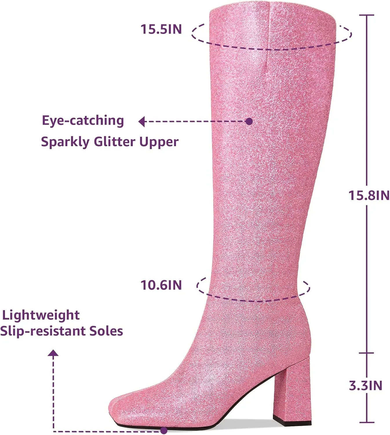 Sparkly Knee High Boots for Women with Chunky Block High Heel 3.3In, Sequin Glitter Gogo Boots Tall Boots Side Zipper Square Toe, Bling Faux Leather Below the Knee Long Boots