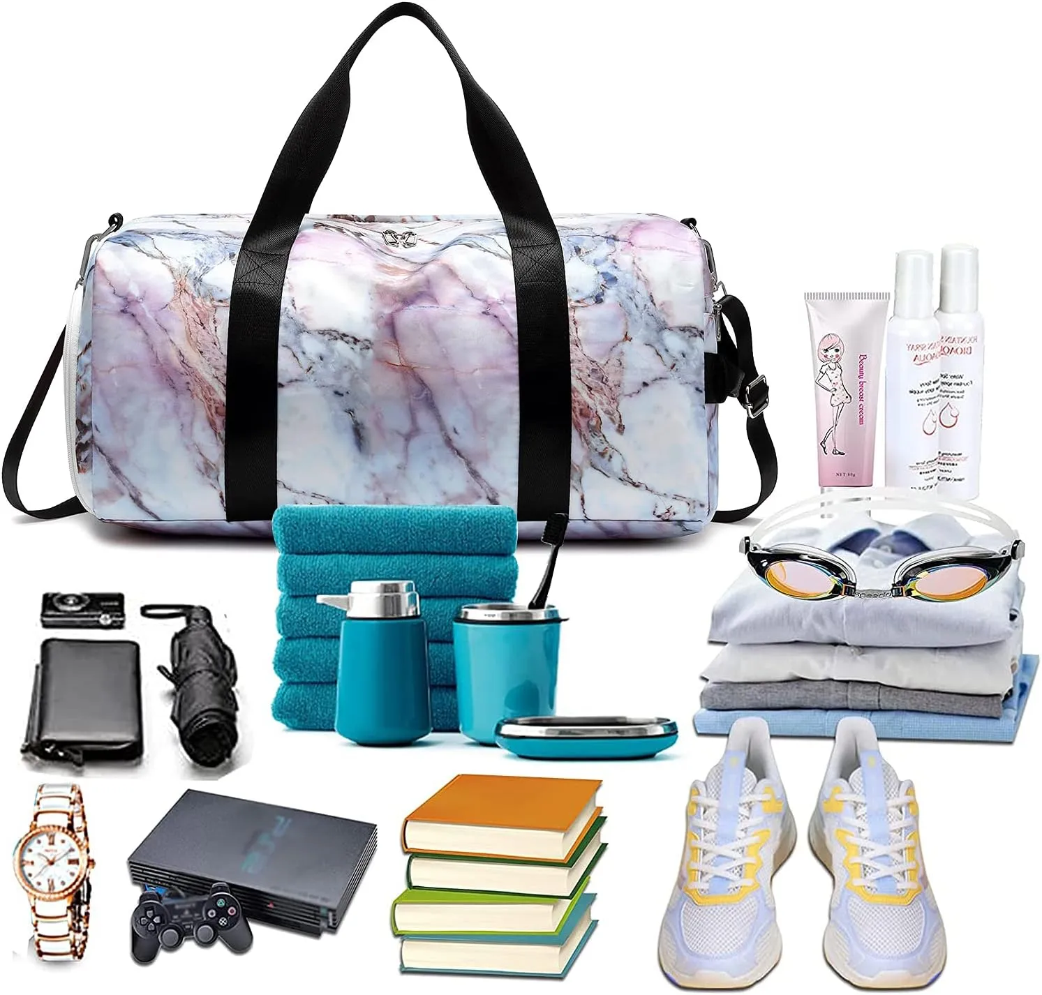 Sport Gym Duffle Travel Bag for Men Women Weekender Overnight Tote with Shoe Compartment, Wet Pocket (S-Marble 5)