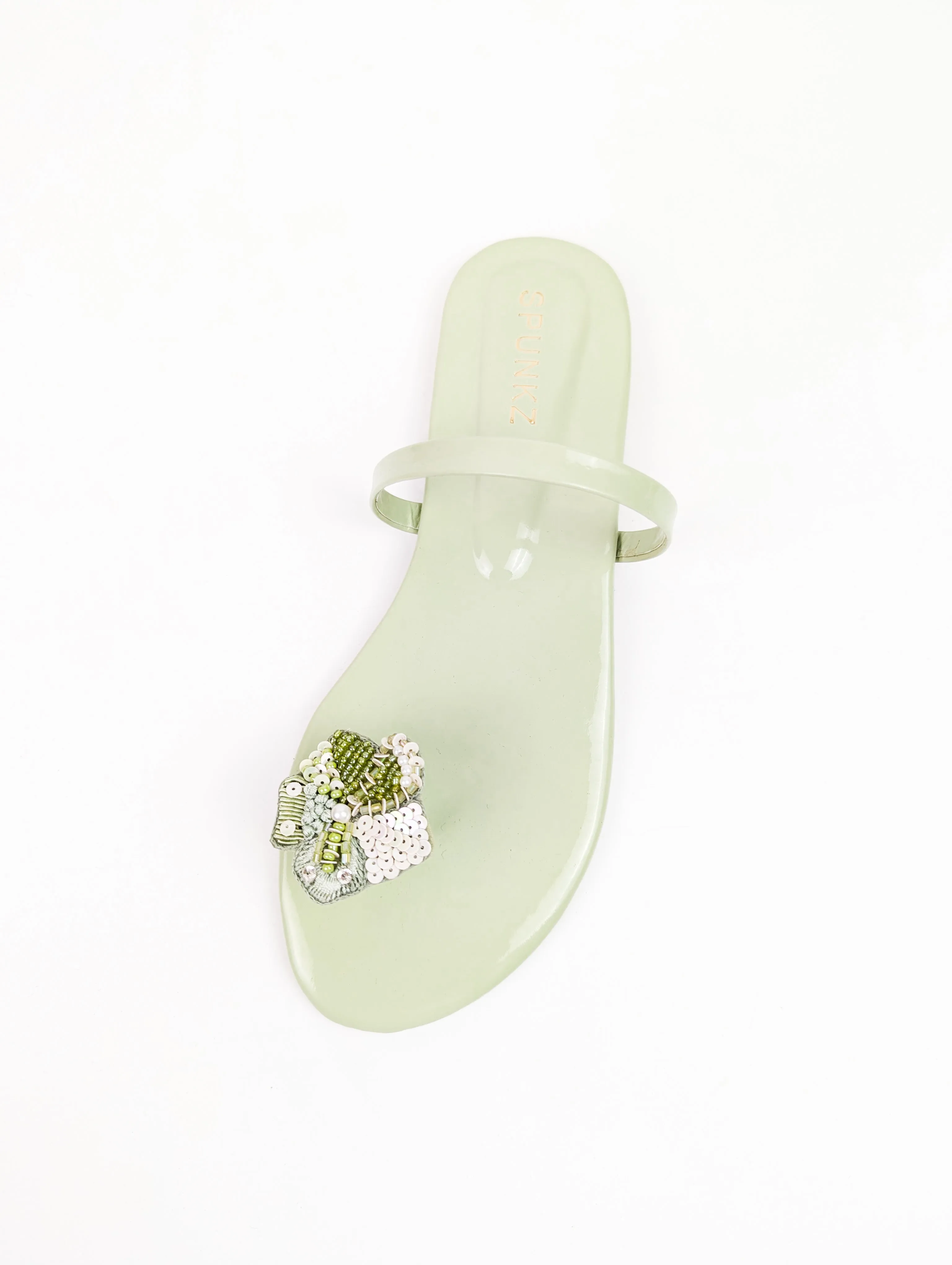 Spunkz Vibrant Green Floral Sequins Embellished Flat Sandals-11014
