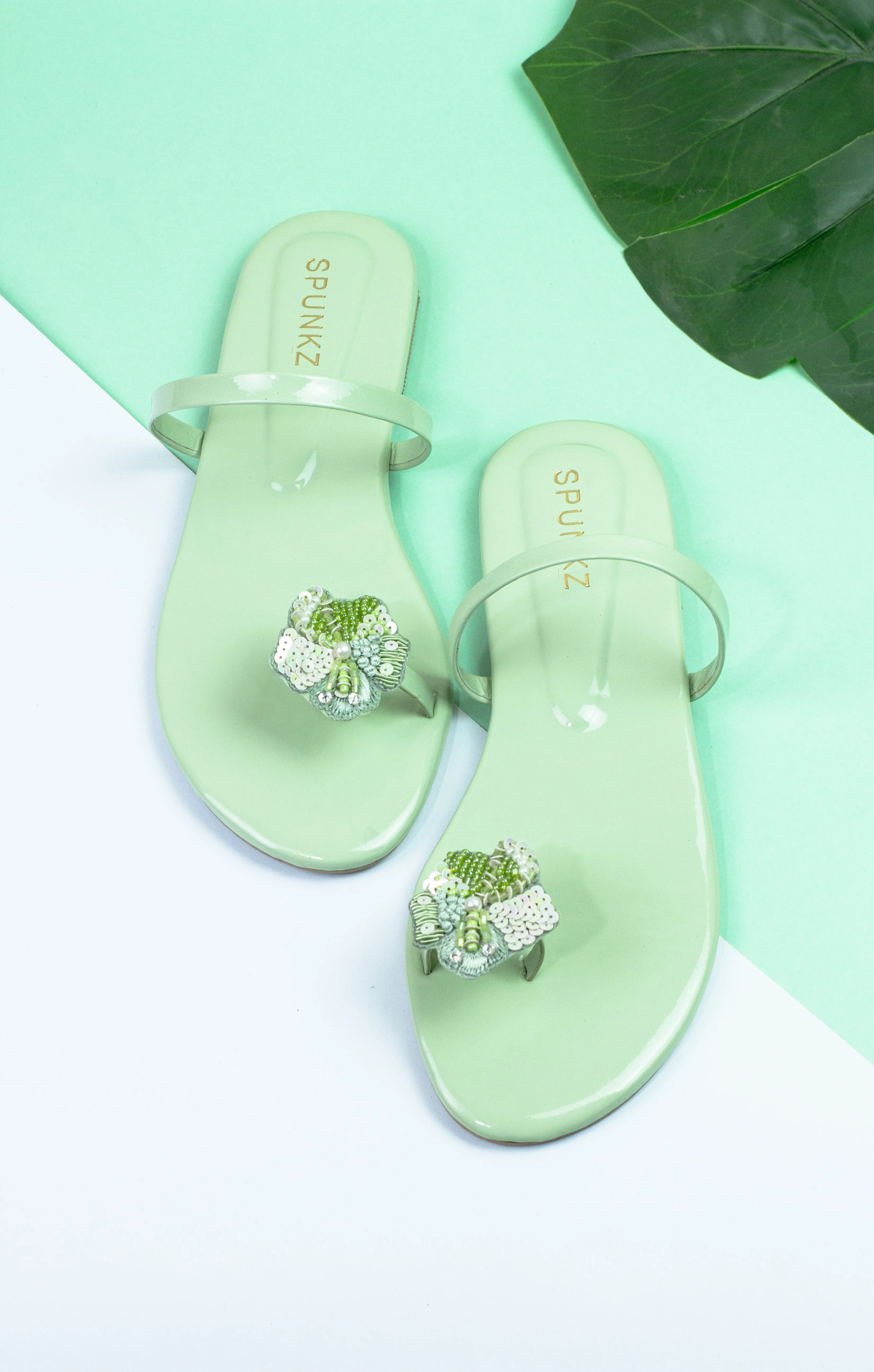 Spunkz Vibrant Green Floral Sequins Embellished Flat Sandals-11014