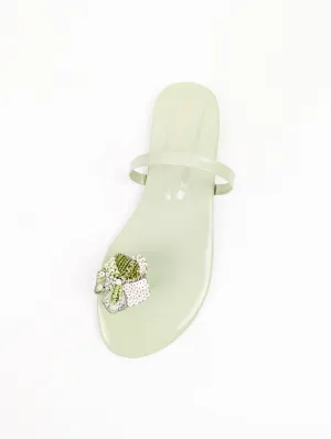 Spunkz Vibrant Green Floral Sequins Embellished Flat Sandals-11014