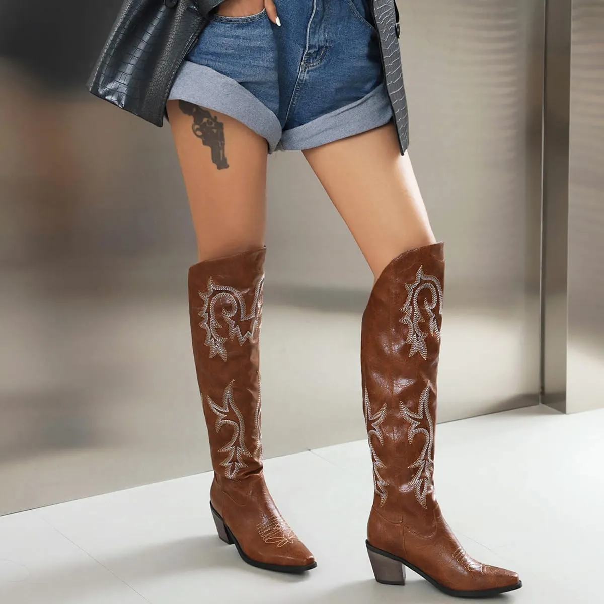 Stacked Heel Embroide Cowboy Boots Women