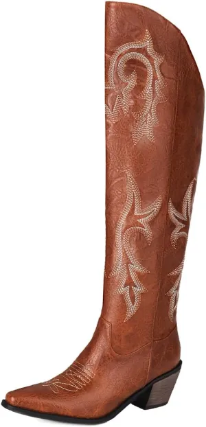 Stacked Heel Embroide Cowboy Boots Women
