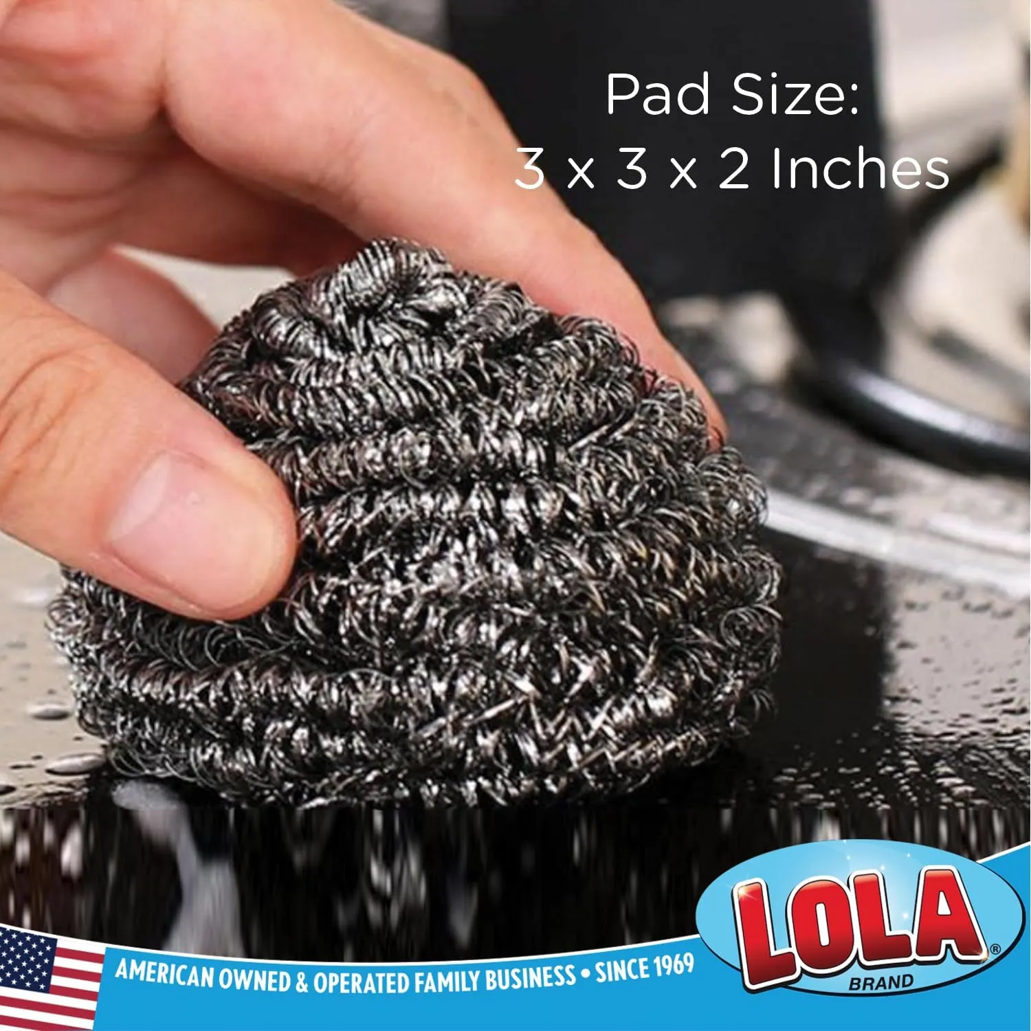 Stainless Steel Wool Scourer -Jumbo Sized- 35 Grams, by LOLA, Curled Flat Wire, Cleans Caked On & Baked On Messes on Cookware, 12 Pack