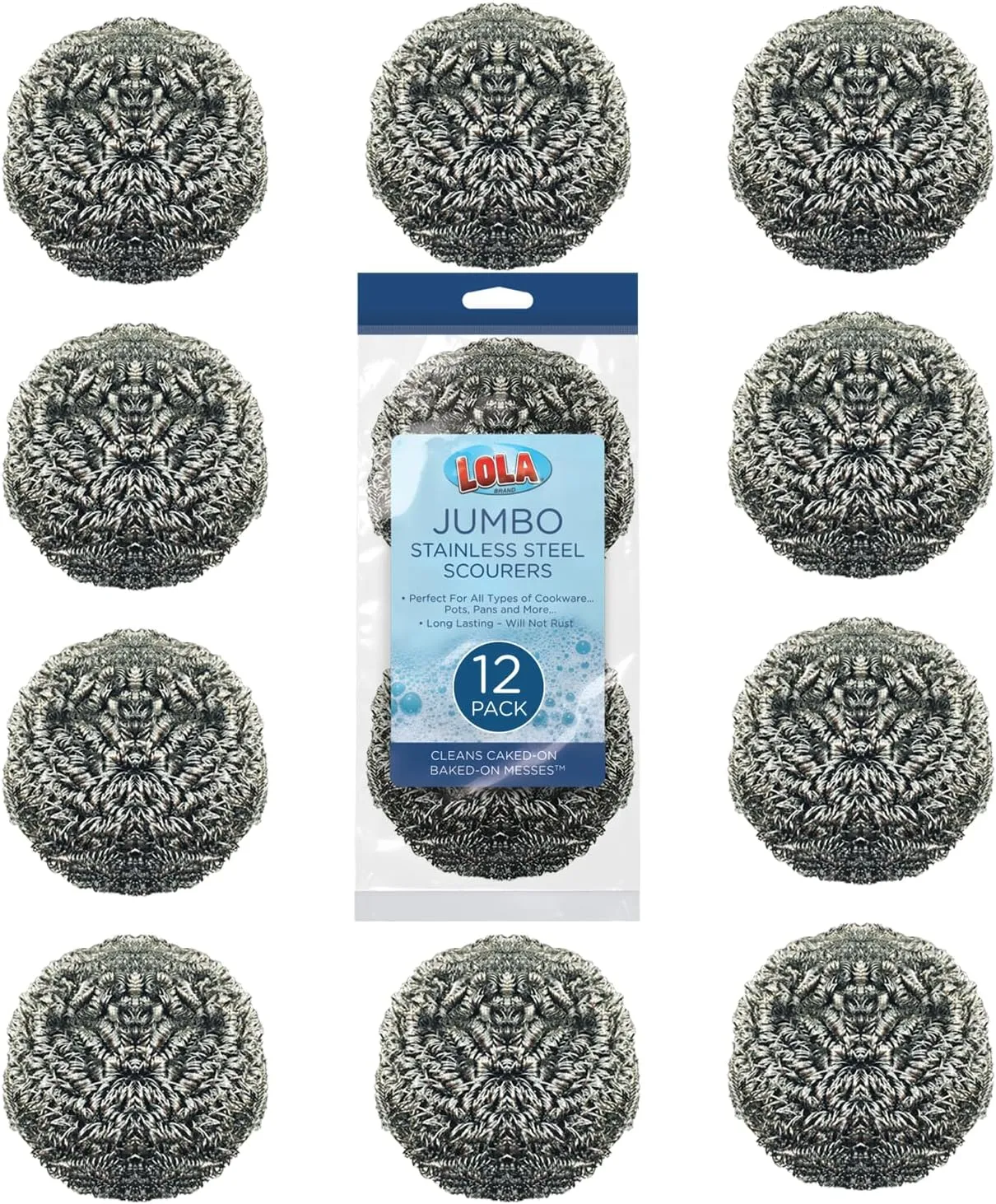 Stainless Steel Wool Scourer -Jumbo Sized- 35 Grams, by LOLA, Curled Flat Wire, Cleans Caked On & Baked On Messes on Cookware, 12 Pack