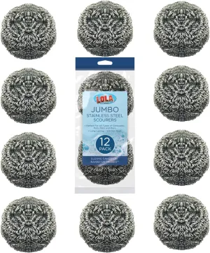 Stainless Steel Wool Scourer -Jumbo Sized- 35 Grams, by LOLA, Curled Flat Wire, Cleans Caked On & Baked On Messes on Cookware, 12 Pack