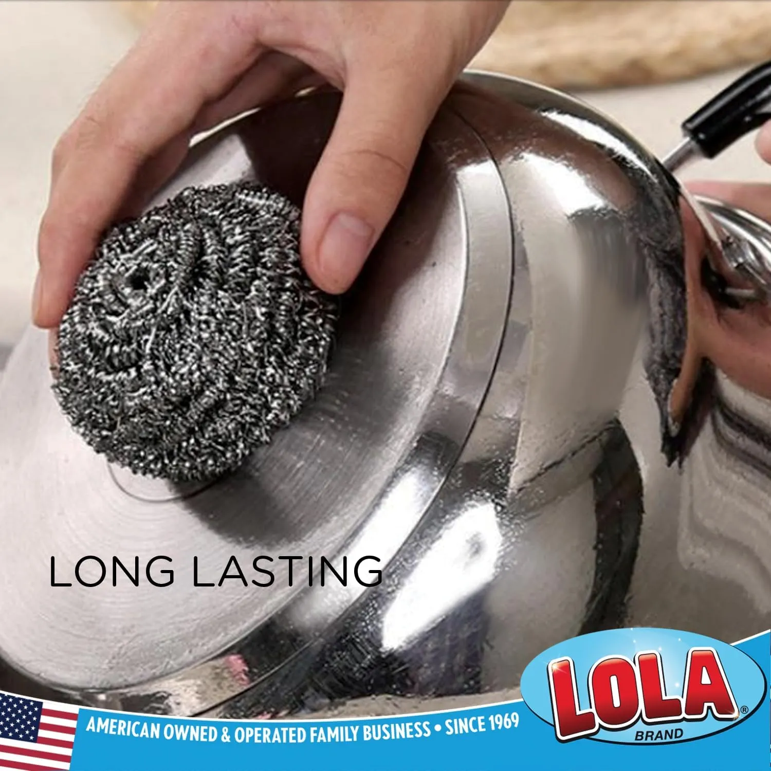 Stainless Steel Wool Scourer -Jumbo Sized- 35 Grams, by LOLA, Curled Flat Wire, Cleans Caked On & Baked On Messes on Cookware, 12 Pack