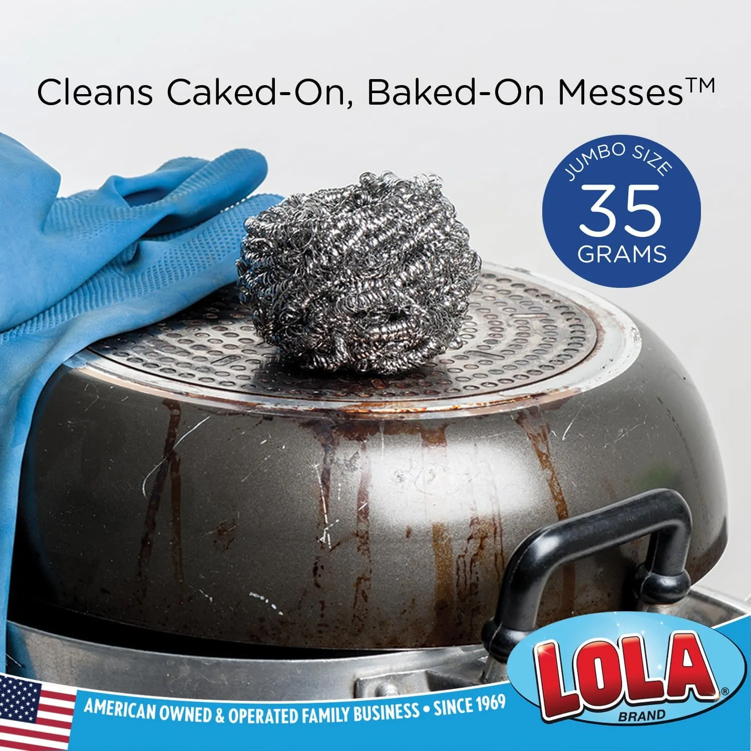 Stainless Steel Wool Scourer -Jumbo Sized- 35 Grams, by LOLA, Curled Flat Wire, Cleans Caked On & Baked On Messes on Cookware, 12 Pack