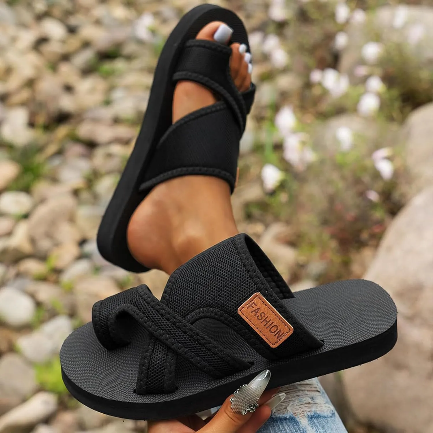 StoneLiquid Breathable Mesh Slide Sandals For Women, 2024women'S Hollow Mesh Slide Sandals With Toe Loop, Comfortable Mesh Flats Slippers