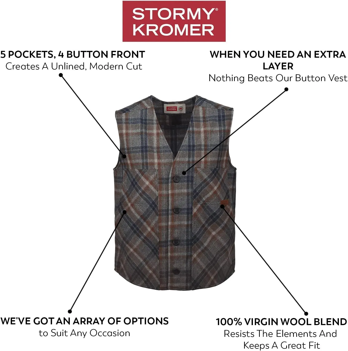 Stormy Kromer Button Vest - Cold Weather Men’s Wool Vest