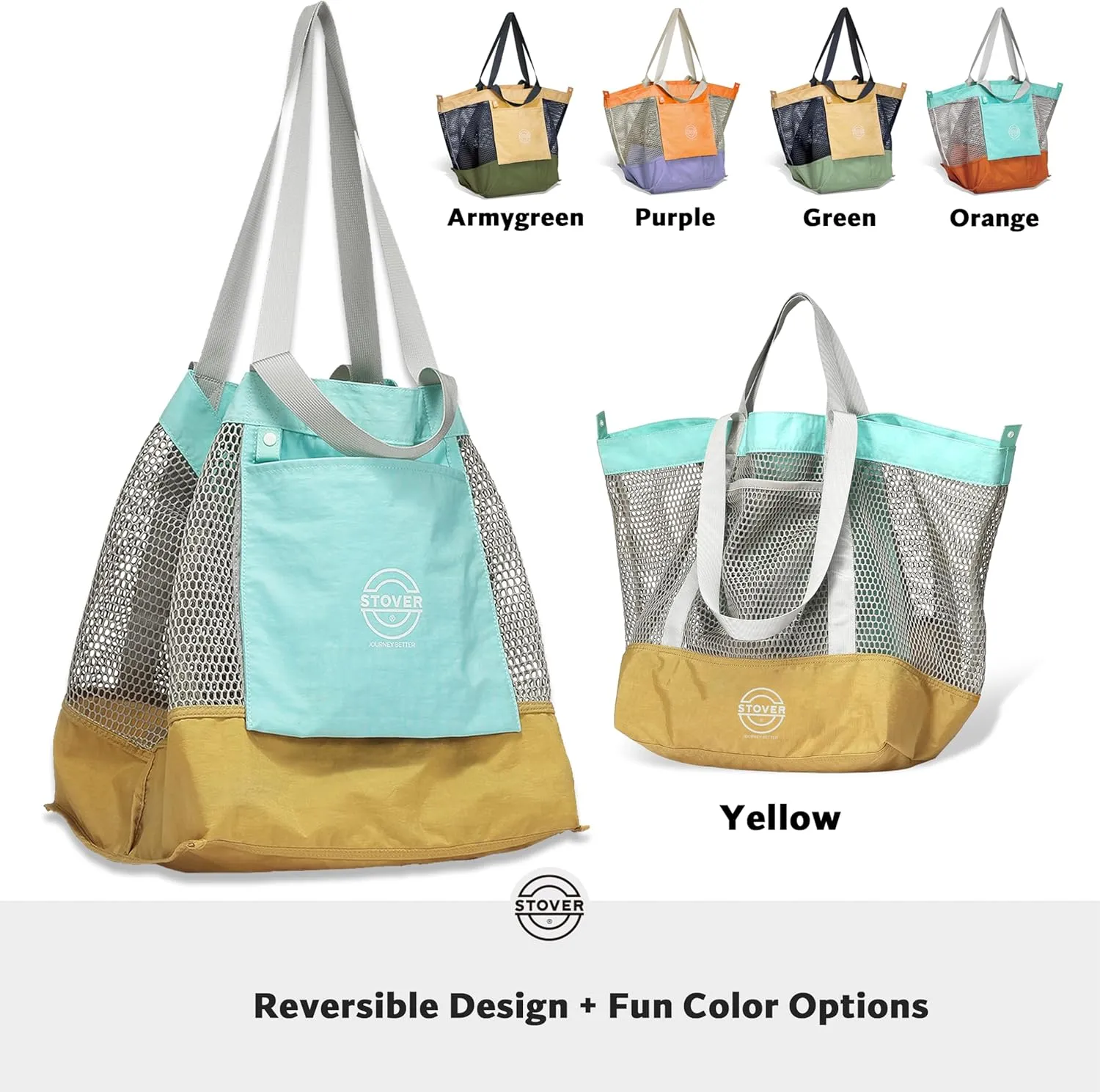 STOVER Large Mesh Beach Bag, Vacation, Pool, Shopping, & Travel Tote - Foldable w/Storage Pockets for Women, Men & Families