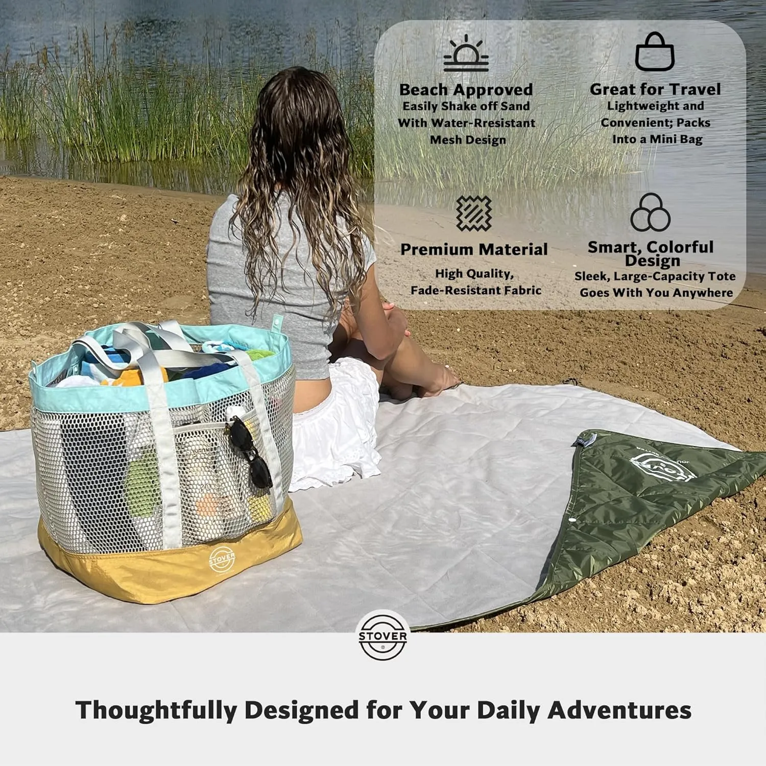 STOVER Large Mesh Beach Bag, Vacation, Pool, Shopping, & Travel Tote - Foldable w/Storage Pockets for Women, Men & Families