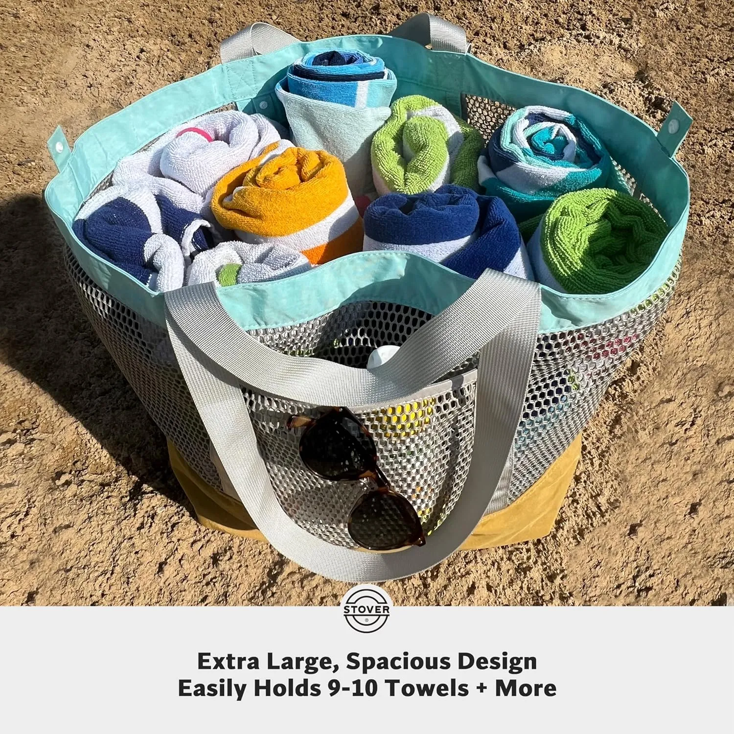 STOVER Large Mesh Beach Bag, Vacation, Pool, Shopping, & Travel Tote - Foldable w/Storage Pockets for Women, Men & Families