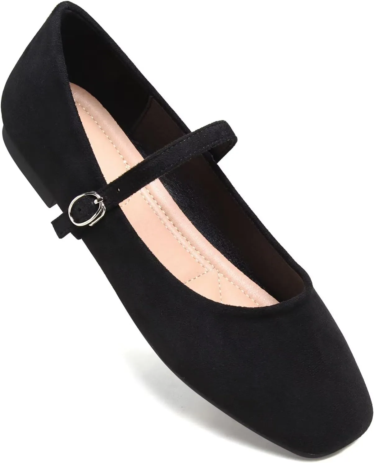 Stunner Mary Jane Square Toe Black Ballet Flats for Women - Comfortable Ankle Strap Casual Slip On Flats