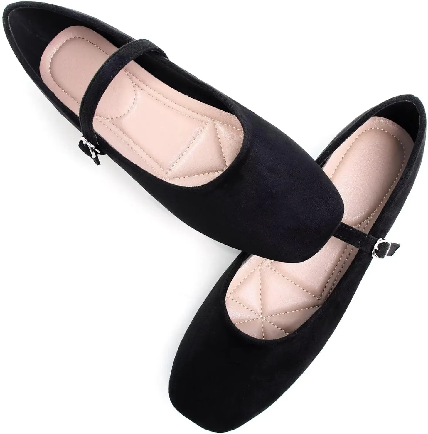 Stunner Mary Jane Square Toe Black Ballet Flats for Women - Comfortable Ankle Strap Casual Slip On Flats