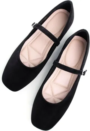 Stunner Mary Jane Square Toe Black Ballet Flats for Women - Comfortable Ankle Strap Casual Slip On Flats
