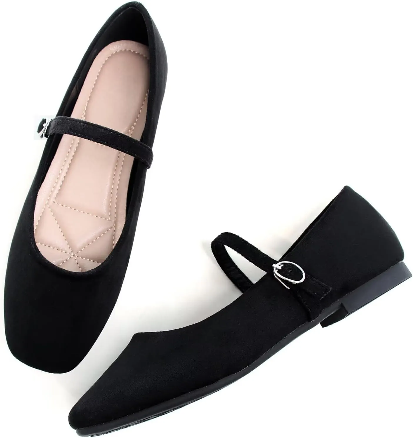 Stunner Mary Jane Square Toe Black Ballet Flats for Women - Comfortable Ankle Strap Casual Slip On Flats