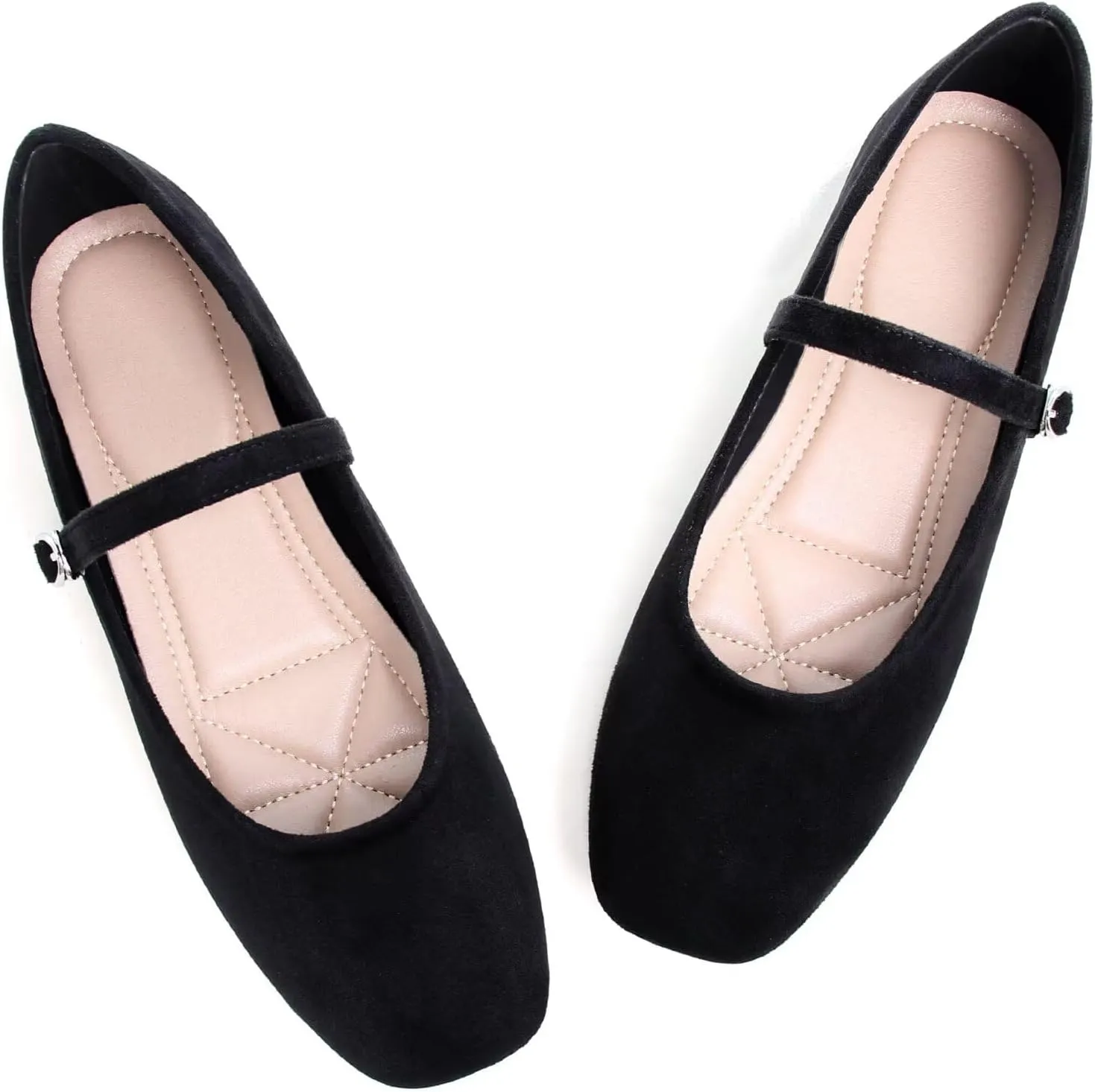 Stunner Mary Jane Square Toe Black Ballet Flats for Women - Comfortable Ankle Strap Casual Slip On Flats