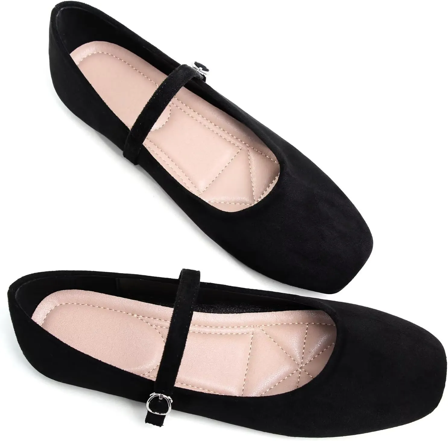 Stunner Mary Jane Square Toe Black Ballet Flats for Women - Comfortable Ankle Strap Casual Slip On Flats