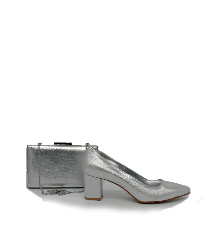 Stylish Silver Block Heels and Matching Bag